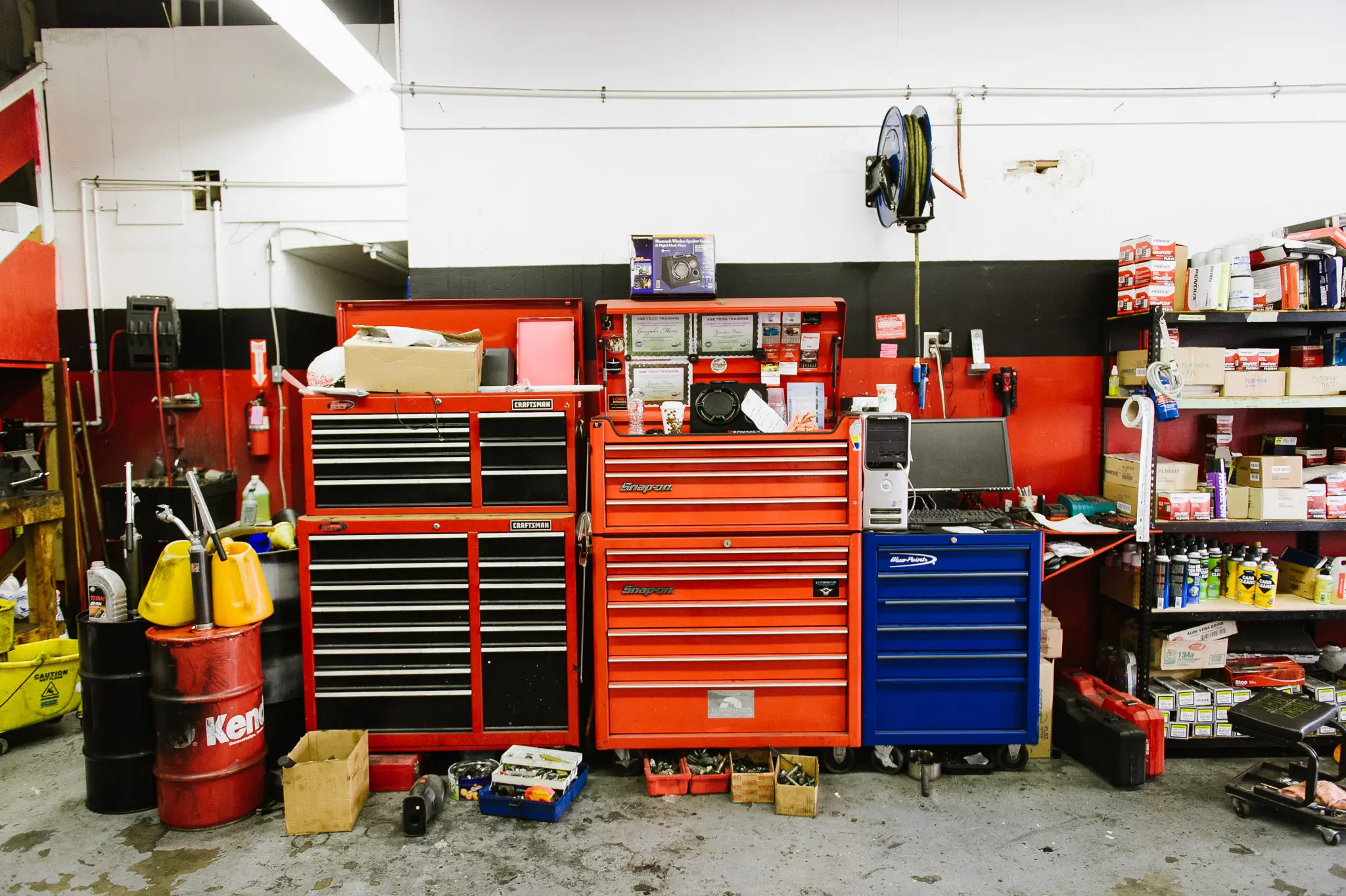 Snap-on and Craftsman professional tool chests in the workshop